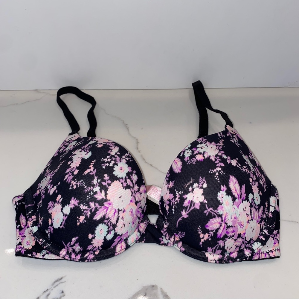 PINK Victoria's Secret Black Purple Floral Wear Everywhere Push-up Bra 32C